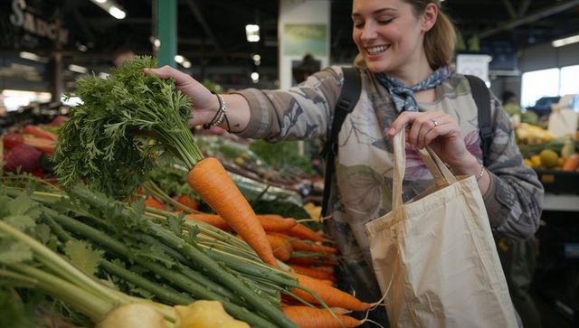 Woman selecting carrots at farmers market while holding reusable tote and smiling