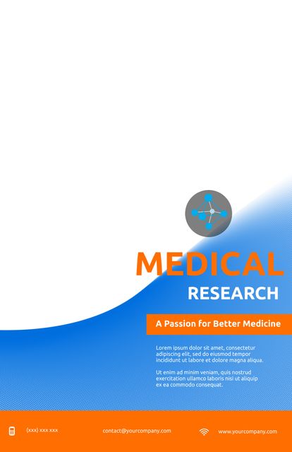 Modern medical research poster template suitable for conferences, seminars, workshops and educational events. Useful for healthcare professionals and organizations to advertise research findings, promote medical education and connect with an academic audience. Vivid blue and orange design catches attention while providing space for event specifics.