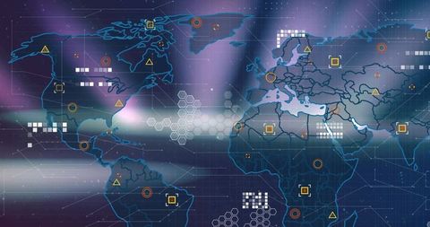 Futuristic World Map with Data Visualizations and Technological Indicators