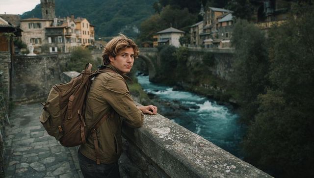Young traveler leaning on stone bridge over turquoise river in mountain village
