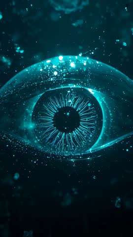 Forming Holographic Eye Emerging from Luminous Digital Sphere, Pulsing Radial Filaments