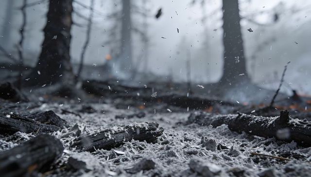 Smoldering charred forest floor with ash crystals and ember sparks, closeup texture
