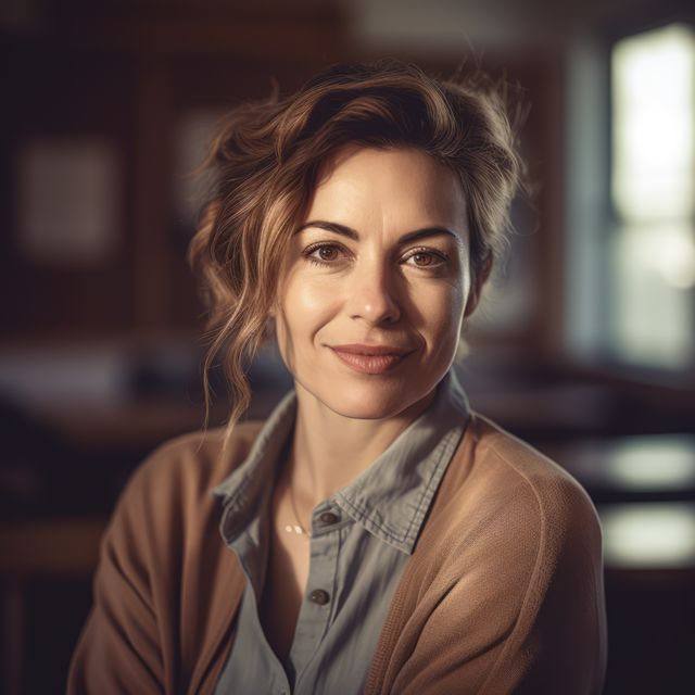 A woman with styled hair smiling confidently while sitting indoors. She is wearing casual wear and relaxing in a modern office setting with natural light streaming in. Perfect for use in articles or content related to workplace culture, professional life, confidence, and modern workforce.