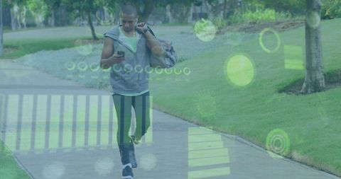 Athletic Man Walking and Viewing Smartphone with Futuristic Display