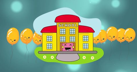 Cheerful Cartoon School Building with Balloons for Education Concept