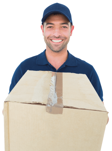 Smiling courier with cardboard box on transparent background