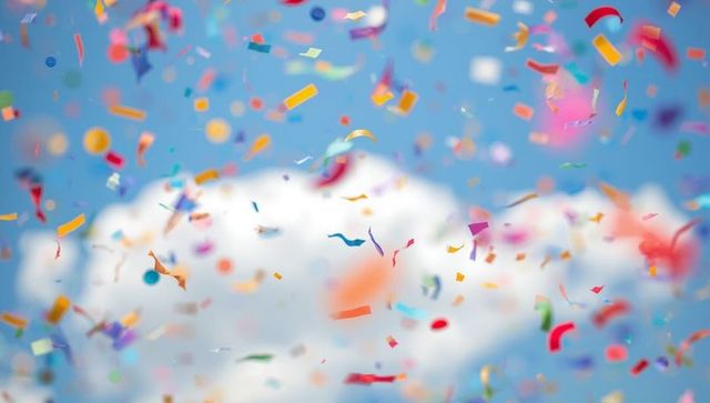 Colorful Confetti Floating Against Blue Sky