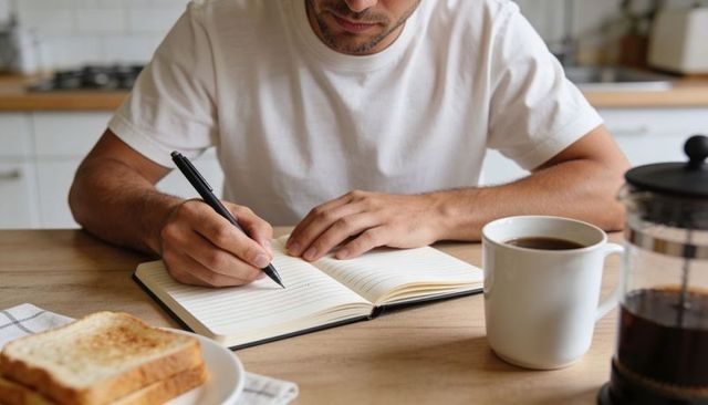 Morning journaling with coffee and toast, man writing in notebook at home kitchen table