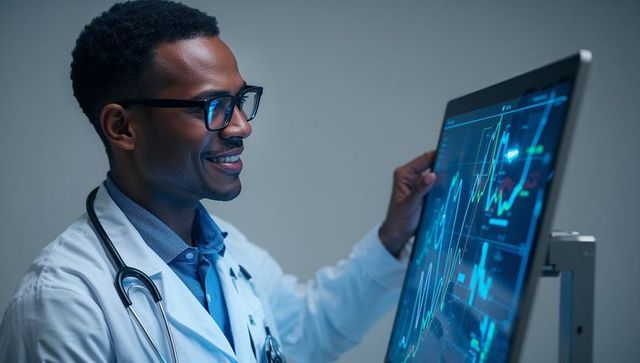 Doctor examining touchscreen monitor showing medical waveforms and analytics for clinical ai