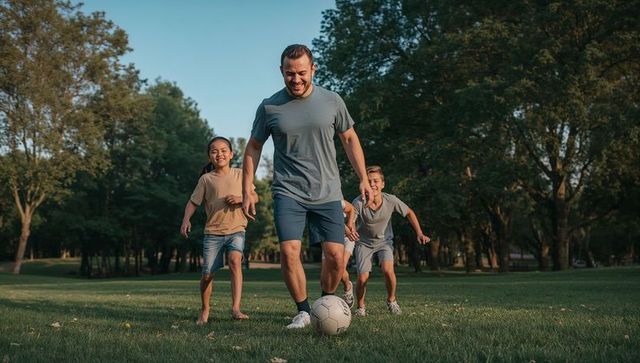 Father playing soccer with children on park lawn at sunset for family bonding