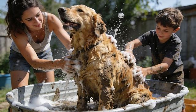 Family bathing muddy golden retriever in galvanized tub during sunny backyard summer fun
