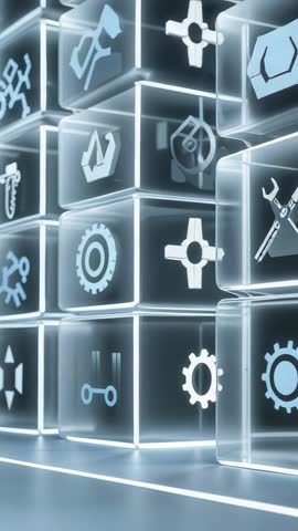 Vertical holographic cubes assembling and reintegrating while showcasing engineering icons