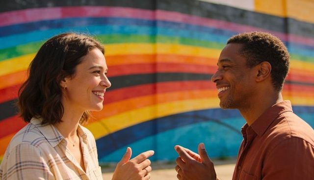 Smiling couple chatting and laughing by vibrant rainbow mural outdoors with sunlit urban background