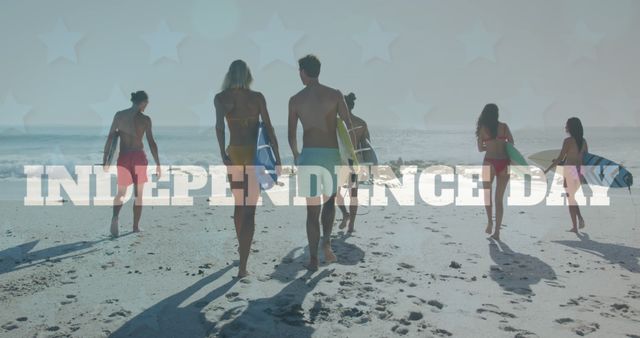 Group of Surfers Celebrating Independence Day on Beach - Download Free Stock Images Pikwizard.com