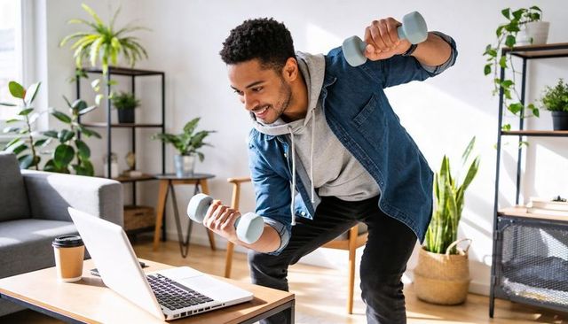 Young man streaming home workout lifting light dumbbells in bright living room with laptop