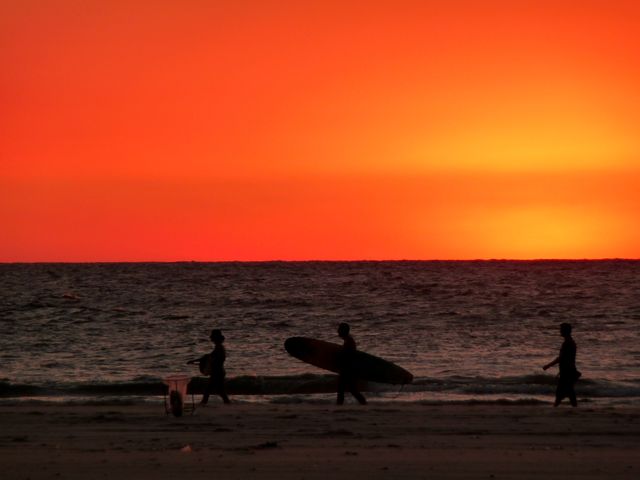 Silhouetted surfers walking along a tropical beach at sunset against a vibrant orange sky. Perfect for vacation brochures, travel blogs, adventure websites, or surfing enthusiasts. Highlights peaceful coastal settings and the allure of ocean activities at dusk.