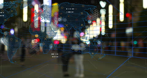 World Map Overlay on Night Cityscape with Digital Interface