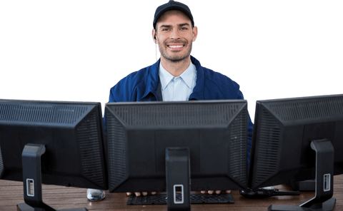 Transparent Security Officer Smiling at Multi-Monitor Workstation - Download Free Stock Videos Pikwizard.com