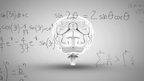 Rotating Human Brain with Mathematical Equations Symbolizing Intelligence