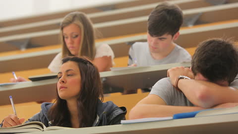 University Students Attending Lecture with One Sleeping
