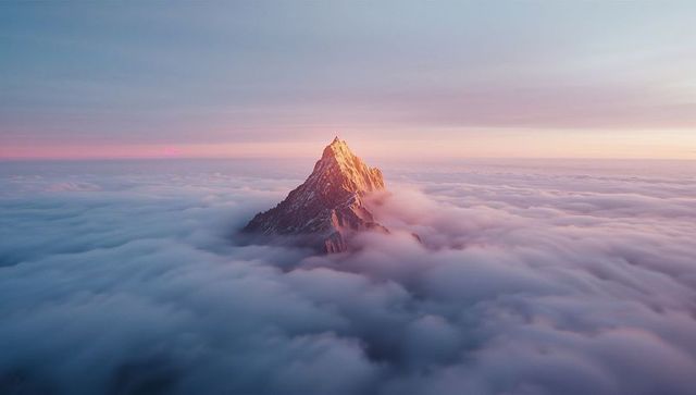 Solitary mountain peak piercing dawn clouds