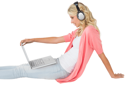 happy young woman in headphones using laptop on transparent background - Download Free Stock Videos Pikwizard.com