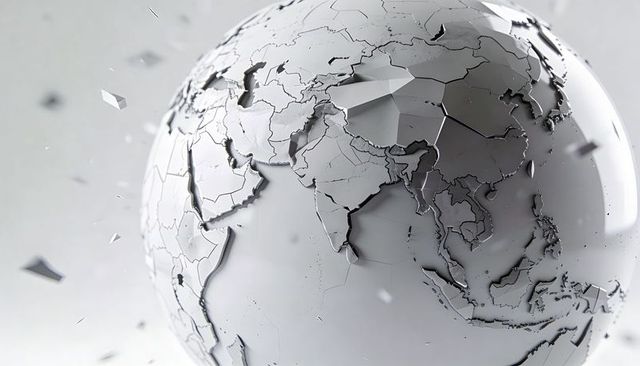 Monochrome fractured globe with polygonal plates and floating shards for tech concept