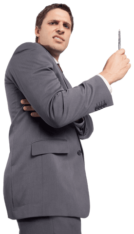 confused businessman in gray suit holding pen on transparent background - Download Free Stock Videos Pikwizard.com