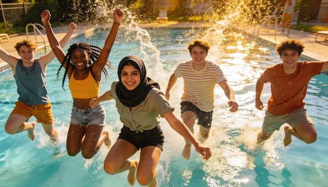 Golden hour jumping: diverse teens splashing in backyard pool, sunlit summer fun