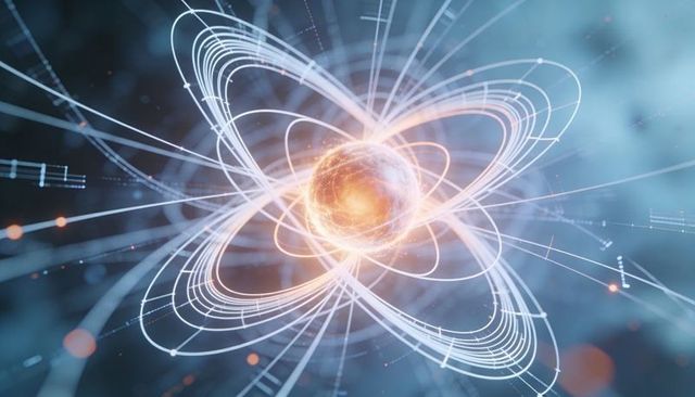Glowing nucleus visualization with holographic orbital rings and dynamic energy trails