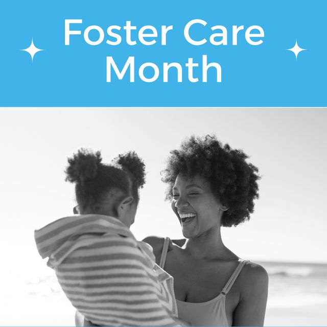 This image portrays an African American mother and daughter enjoying time at the beach, highlighting the importance of bonding and advocacy during Foster Care Month. It can be used in campaigns for child welfare, promotional materials for foster care awareness, and supportive community events. Ideal for illustrating themes related to family, support, happiness, and outdoor activities.