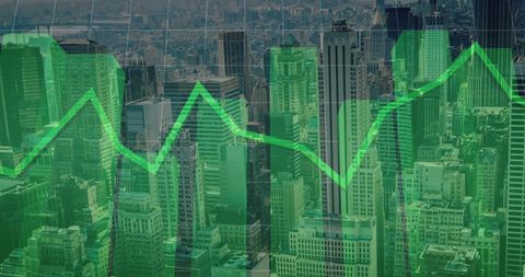 Financial data with graph overlay on urban skyline