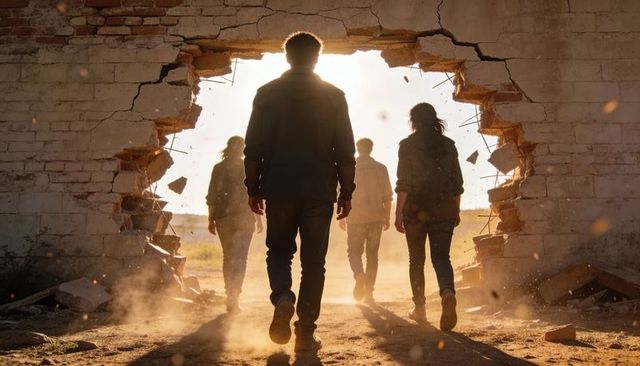 Silhouettes walking through breached brick wall at golden hour with dust and rubble