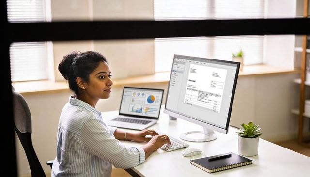 Indian woman working at dual screens viewing invoice and financial charts in modern office