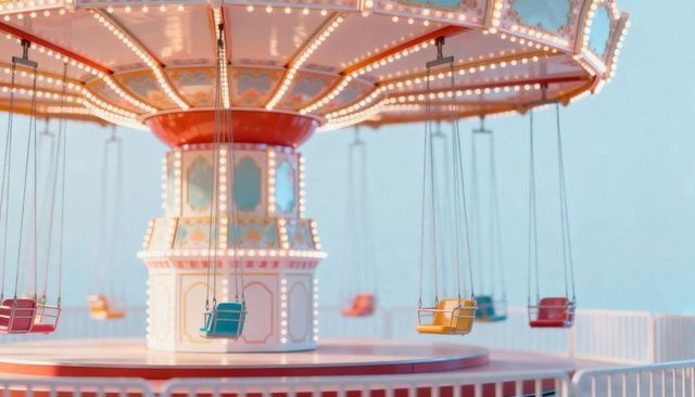 Swing carousel glowing with bulbs, pastel-colored hanging seats, whimsical fairground ride