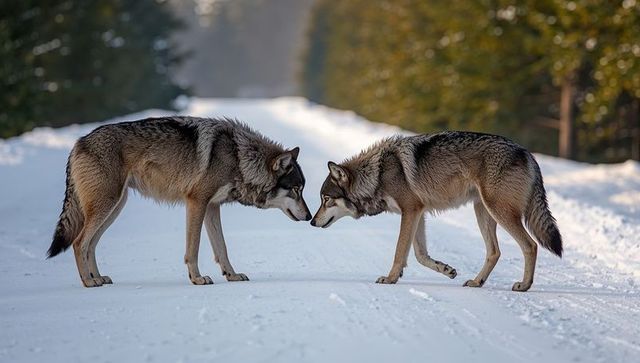 Pair of Gray Wolves Touching Noses on Snow Road in Winter Forest Greeting Ritual