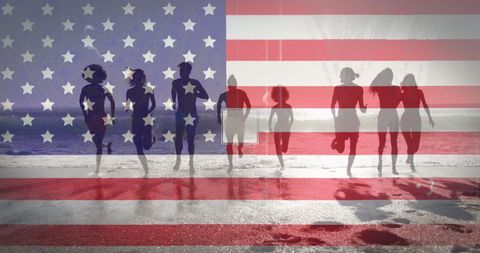 American Flag Overlay on Beach Celebration with Friends