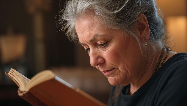Senior woman reading paperback at home, focusing on page, warm amber light