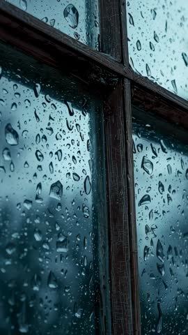 Vertical Rain on Window Pane Video Showing Droplets Merging and Sliding Past Wood Muntin
