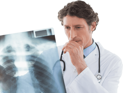 Doctor analyzing transparent x-ray image in office