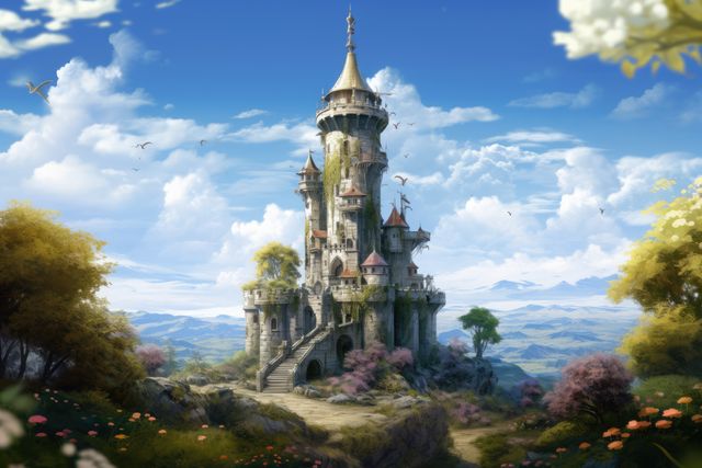 Tower with meadow and forest over blue sky with clouds, created using generative ai technology. Fantasy, fairy tale and landscape concept digitally generated image.