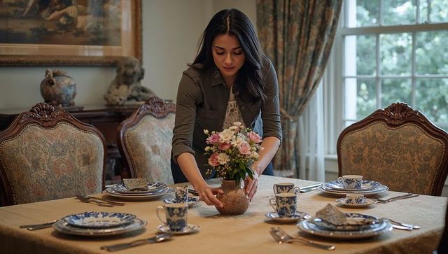 Young woman arranging floral centerpiece on elegant blue-and-white porcelain dining table