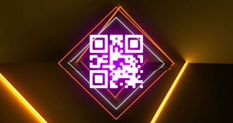 Glowing qr code on neon geometric background