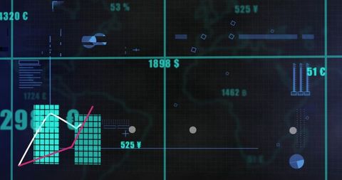 Neon Financial Data Dashboard Showing Grid Analytics, Bar Charts and Trend Lines