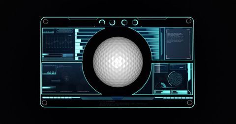 High-tech golf ball analysis interface with data insights