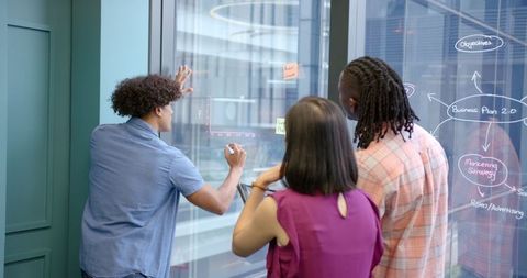Diverse team brainstorming strategy on glass board