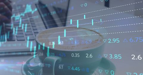 Data Visualization Overlay with Coffee and Laptop in Background