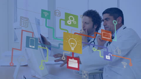 Doctors Analyzing Data with Digital Interface Icons