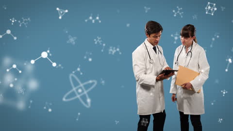 Doctors Discussing Healthcare Data with Molecular Animation Background