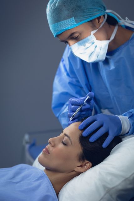 This image depicts a surgeon administering a facial injection to a female patient in an operating room. The scene highlights the precision and care involved in medical procedures, making it suitable for use in healthcare, medical, and cosmetic surgery contexts. It can be used in articles, brochures, and websites related to medical treatments, patient care, and surgical procedures.